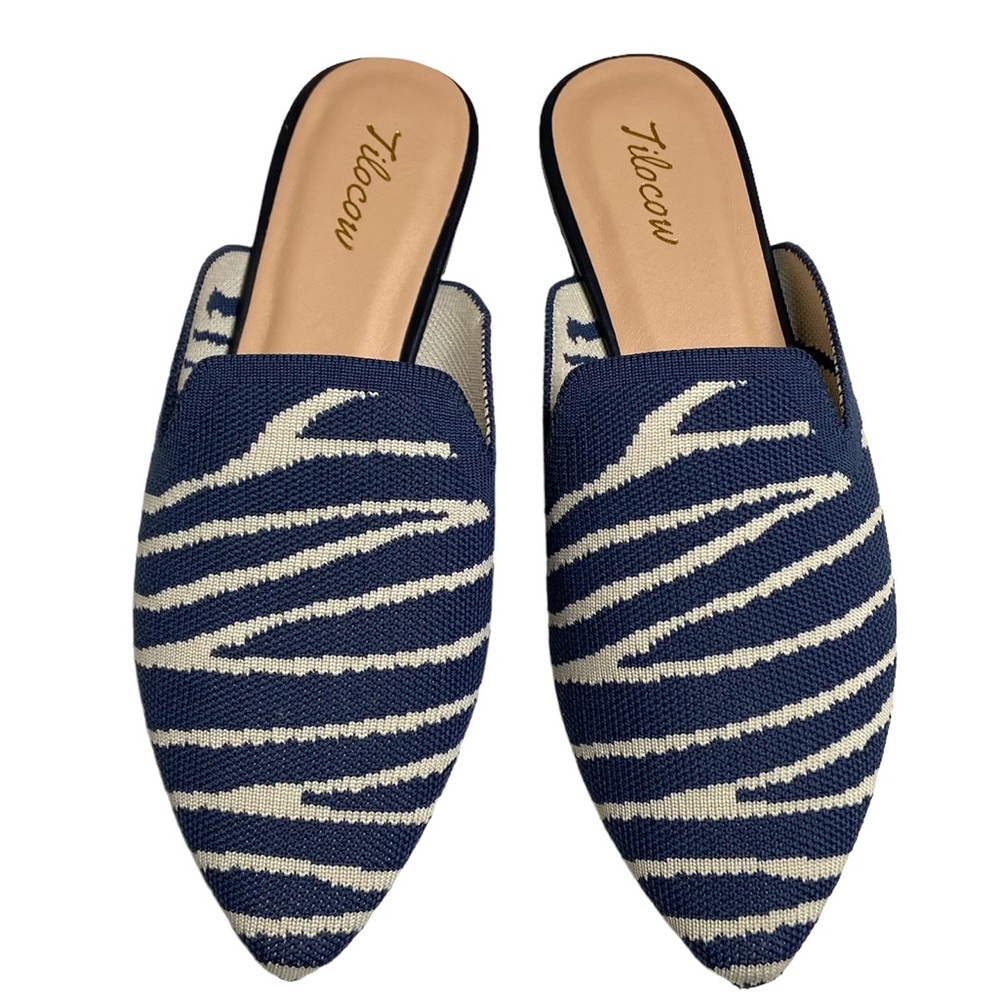 TILOCOW Blue Zebra Stripe Pointed Toe Knit Mules - Picture 16 of 16